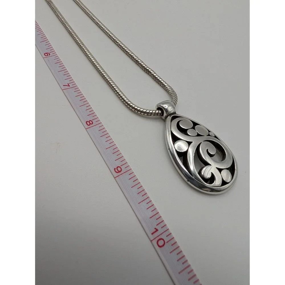 Brighton Silver Tone Teardrop Scroll Openwork Pendant Snake Chain Necklace